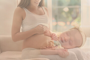 Wall Mural - Double exposure of pregnant woman and cute baby