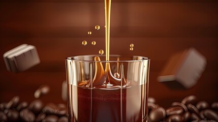 Wall Mural - Smooth caramel sauce elegantly drizzling into a glass, set against a backdrop of rich chocolate brown to accentuate its luscious appeal