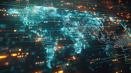 Fototapete - Some kind of computer program code running across the screen and superimposed on a world map. Generative AI.