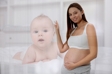 Sticker - Double exposure of pregnant woman and cute baby