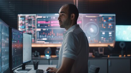 Fototapete - A man is standing at his workstation typing on desktop PC with a monitor in background with large interactive screens displaying apps in a flowchart in the screens, in a modern office. Generative AI.