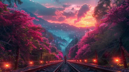 Wall Mural - Beautiful flowers and lights on the train tracks