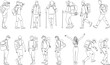 people travelers, people on a hike set sketch on white background vector