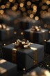 Black gift boxes with gold ribbons on a black background.