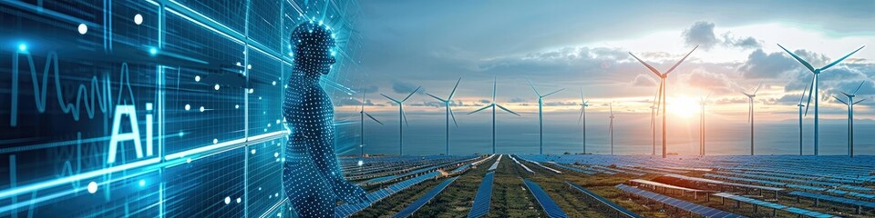 Leinwandbilder - Left side photo of only artificial intelligence, in the middle one solar panel field supplemented by the letters 