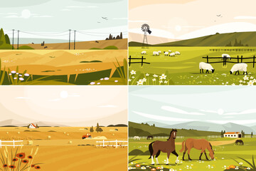 Farmland landscape set. Rural panoramic view with arable land and farm buildings, countryside scenery with straw bale and hayfield. Vector illustration. Autumn and spring scenes with horses and sheep