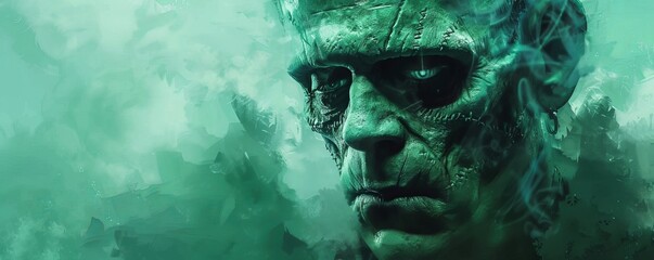 Artwork featuring the classic monster Frankenstein. His ugly face is green and stitched together.