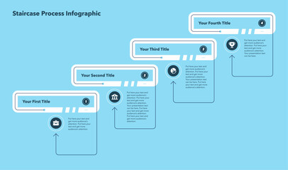 Fototapete - Staircase process infographic template with four steps - blue version. Flat design with minimalistic icons and place for your texts.