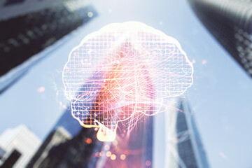 Wall Mural - Double exposure of creative artificial Intelligence interface on modern skyscrapers background. Neural networks and machine learning concept