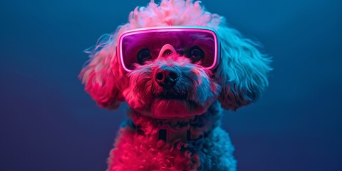 Wall Mural - petfluencer character Maltese Poodle dog in VR goggles illuminated with pink light against neon blue background