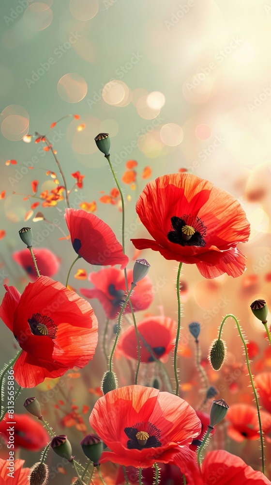 Banner with red poppy flower field, symbol for remembrance, memorial ...
