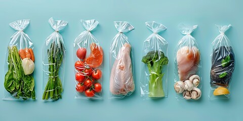 Plastic bag food items on a blue background