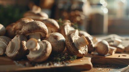 Close up of a fresh mushrooms on the table in the rustic kitchen ready for cooking
