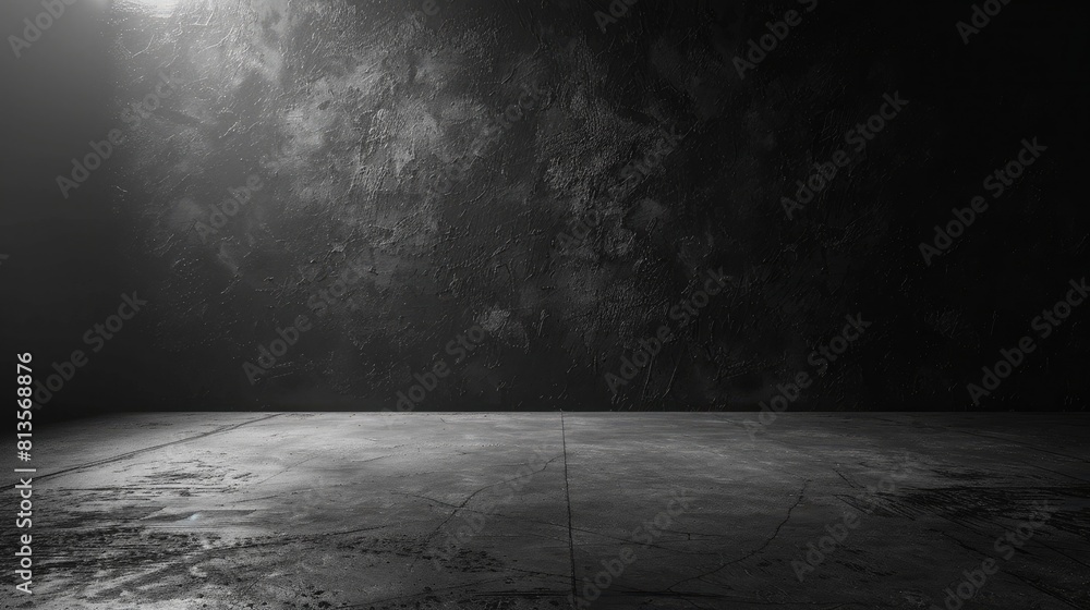 Spotlight in a dark room with concrete floor and brick wall. Dark room ...