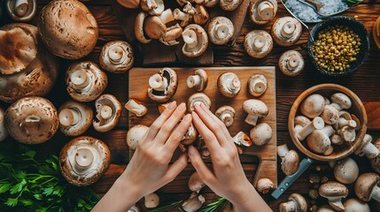 Wall Mural - Top view of woman hands preparing fresh mushrooms on dark wooden table full of different ingredients