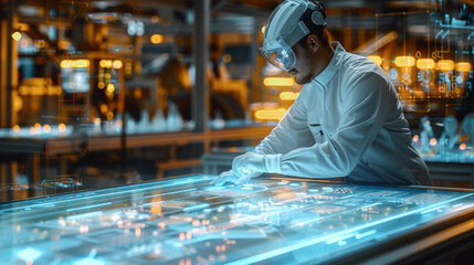 Aufkleber - Holographic factory shop floor on a table, an engineer standing next to the ultra translucent futuristic factory shop floor, projected display of information, digital display. Generative AI.