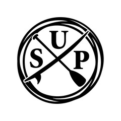 Sticker - Logo club de paddle surf. Letras palabra SUP con silueta de tabla de paddle surf con remo cruzado