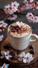 beautiful romance a cup of latte tea or chocolate serve with cherry blossom flower branch, spring season and national spring festival theme drink