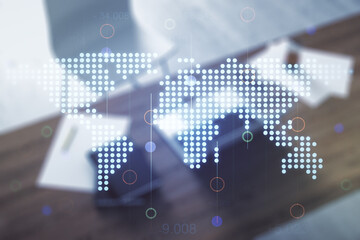 Wall Mural - multi exposure of abstract creative digital world map and modern desktop with computer on background