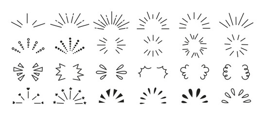 Doodle line sparkles and rays. Hand drawn explosions, sun bursts, confetti, decorative elements. Celebrating splash sketches. Comic book style. Vector set