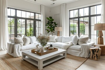 Poster - A living room with a white couch, a coffee table, and a potted plant