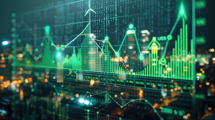 Aufkleber - Stock market graphs and economic data visualized with icons of solar panels and wind turbines, uprising green stock market graph, green symbols, positive, positivity. Generative AI.