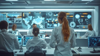 Poster - Group of professionals in a high-tech office work diligently on computer, with the latest digital tools and interactive display, highlighting the synergy between humans and technology. Generative AI.