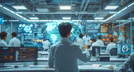 Poster - Group of professionals in a high-tech office work diligently on computer, with the latest digital tools and interactive display, highlighting the synergy between humans and technology. Generative AI.
