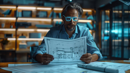 Poster - An architect sitting at a table with blueprints, using augmented reality on a mobile device to display digital twin engineering of an HVAC system. Generative AI.