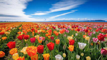 Wall Mural - Champs de tulipes colorées. Paysage, ciel bleu et nuageux. Amsterdam, Pays-Bas. Fleurs, nature, plante. Pour conception et création graphique. 