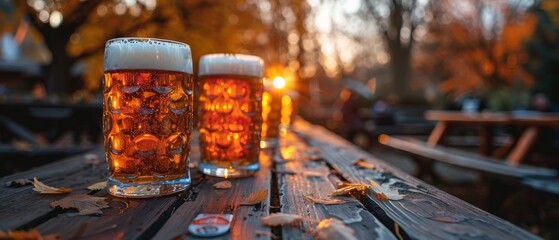 In a jovial beer garden, long wooden tables and steins of beer were clinking together