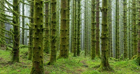 Scenic shot of a dense moss covered forest with tall trees