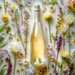 A champagne bottle set against a backdrop of colorful spring blossoms, symbolizing celebration and renewal.
