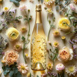 A luxurious champagne bottle surrounded by a colorful floral arrangement, enhancing its sophisticated design.
