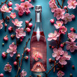 An elegant rosé champagne bottle amidst lush cherry blossoms, perfect for spring celebrations.
