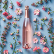 A champagne bottle set amidst picturesque spring flowers the spirit of celebration and the fresh start of the season in the style of light pink and light blue,