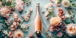 A champagne bottle placed amidst vibrant spring blossoms, evoking notions of joyous celebration and the rejuvenation of nature.