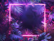 Neon square frame surrounded by tropical leaves natural background