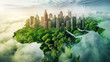 futuristic cityscape blends with lush greenery, symbolizing sustainable urban living