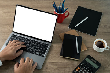 Wall Mural - closeup view businessman analyze hand typing laptop computer with blank screen business online, e co