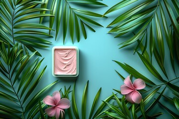 In this flat lay. top view, the natural emptiness of the cube on a multicolor summer background with tropical palm leaves is perfect for showcasing cosmetic products.