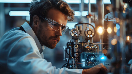 Canvas Print - Handsome engineer working on his robot design. and it is turned off. The engineer changes some settings on the hologram screen. Generative AI.