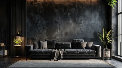 Sticker - Home Dark Interior. Modern Luxury Living Room with Wall Mock Up, 3D Render