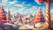 Whimsical Art of a candy kingdom, sugary landscapes and whimsical candy cane trees with playful inhabitants