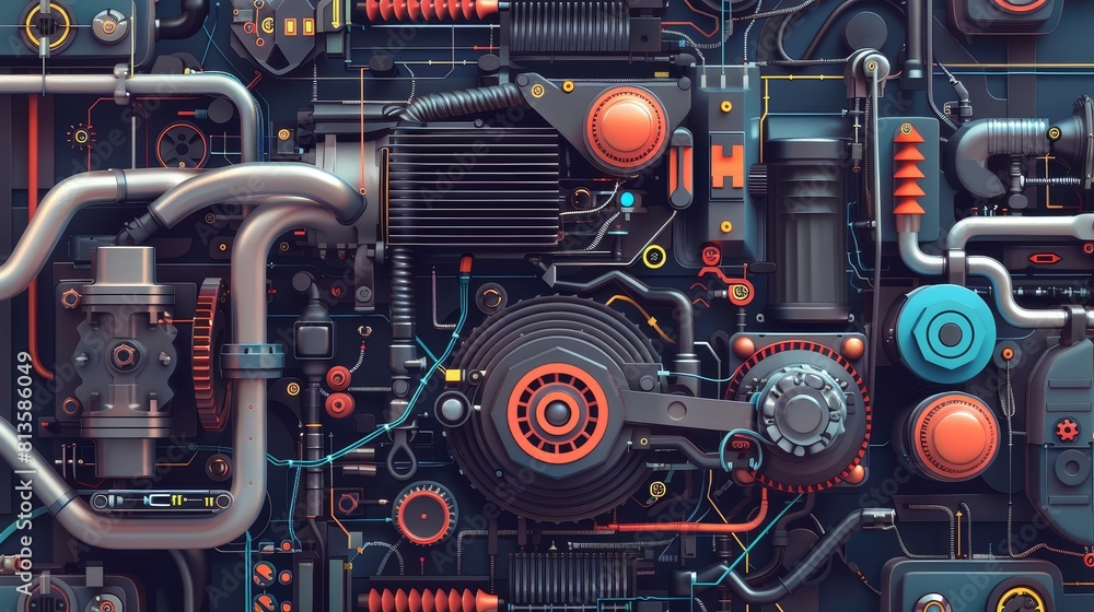 Detailed engine assembly flat design top view complex assembly theme ...