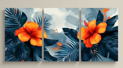 Wall Mural - Triptych prints wall art modern, tropical leaves and flowers, watercolor wallpaper design with organic shapes.