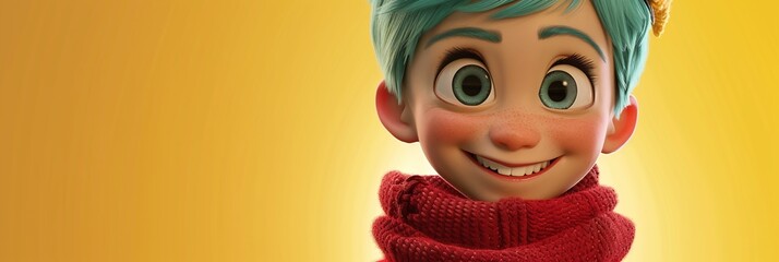 Wall Mural - panoramic 3d illustration portrait of smiling boy on yellow background, 3d illustration of blue haired boy character