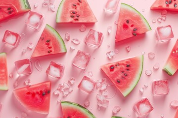 Wall Mural - Watermelon and ice slices on pink background top view, summer screensaver