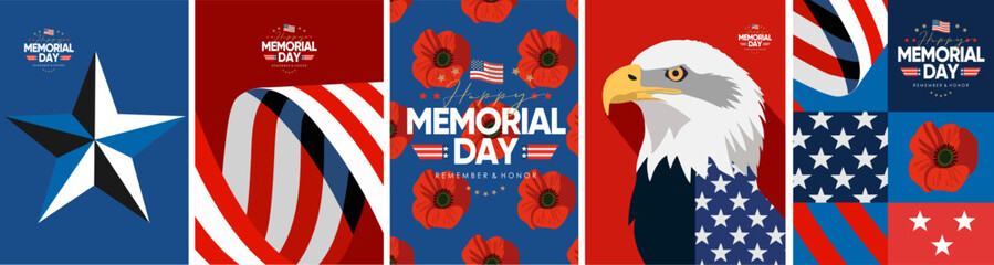 happy memorial day. vector modern flat illustration of usa objects, eagle, star, ribbon, american pa