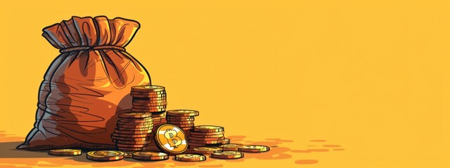 Sticker - A bag of coins is shown with a yellow background